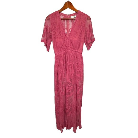 Honey Punch Pink Lace Romper Maxi Dress Size Small Plunging Neckline Feminine - Picture 2 of 15